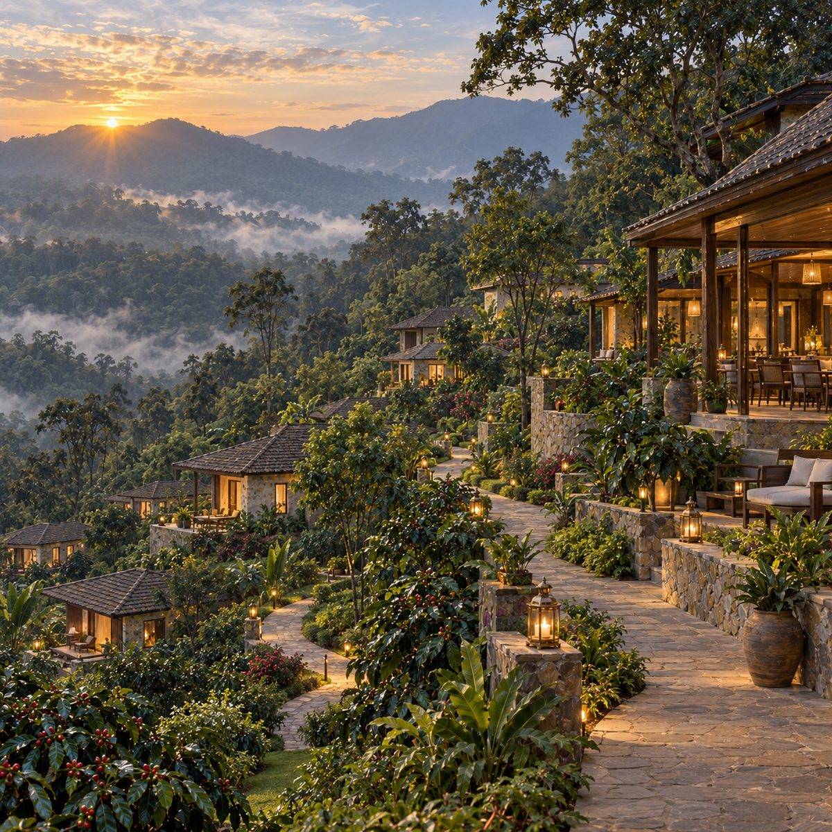 An oil painting of a hillside resort at dawn: stone cottages down a coffee slope, a lantern-lit path, an open terrace, mist in the valley.