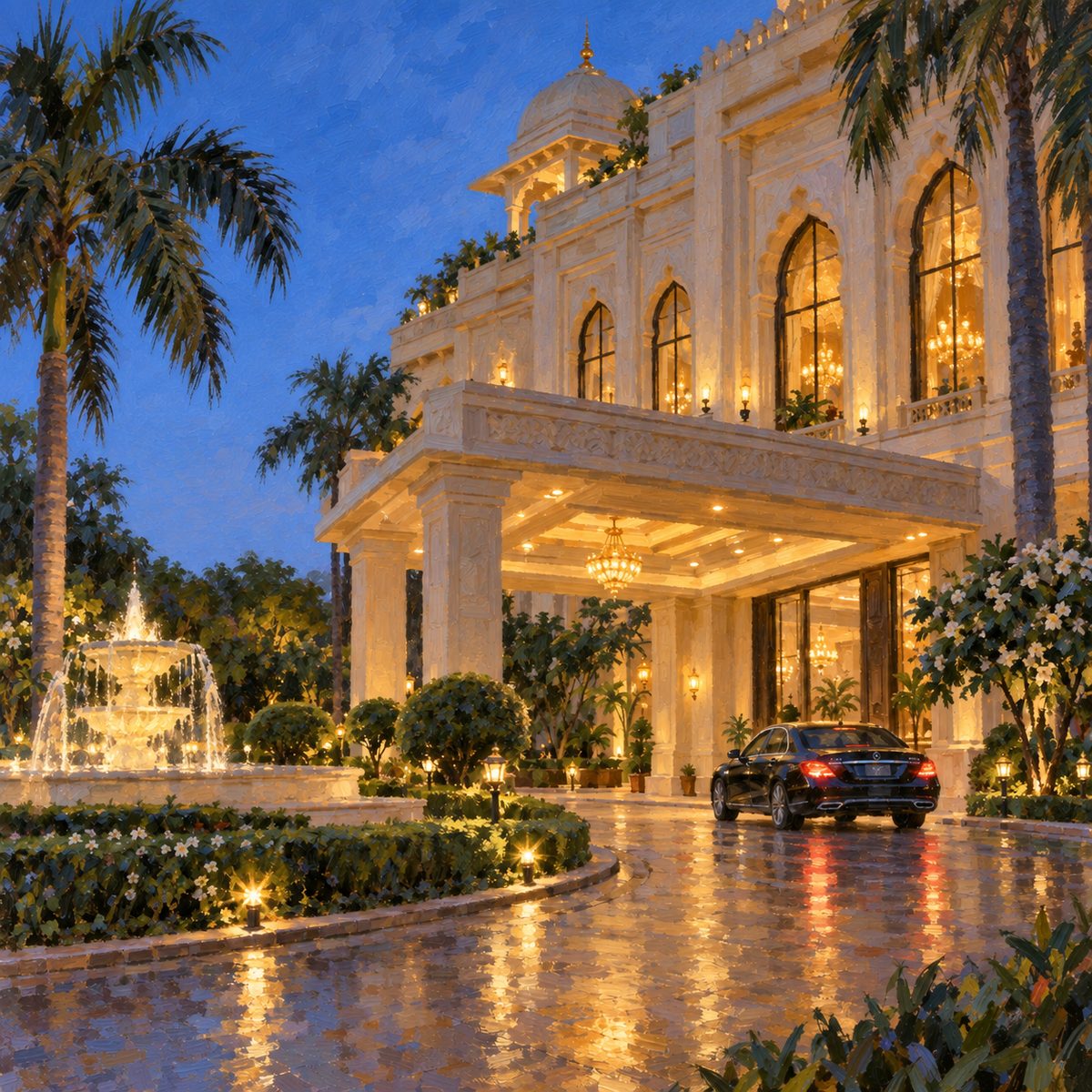 An oil painting of a palatial hotel’s arrival at blue hour: a lit porte-cochère, a marble fountain, royal palms and a black sedan on the wet drive.