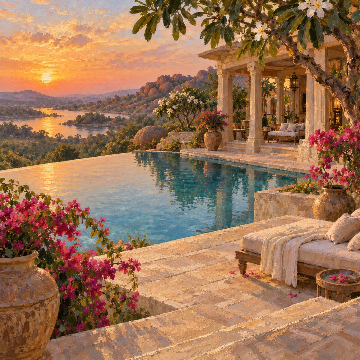 An oil painting of a private villa at golden hour: an infinity pool over a lake, bougainvillea, a colonnaded verandah and a linen daybed.