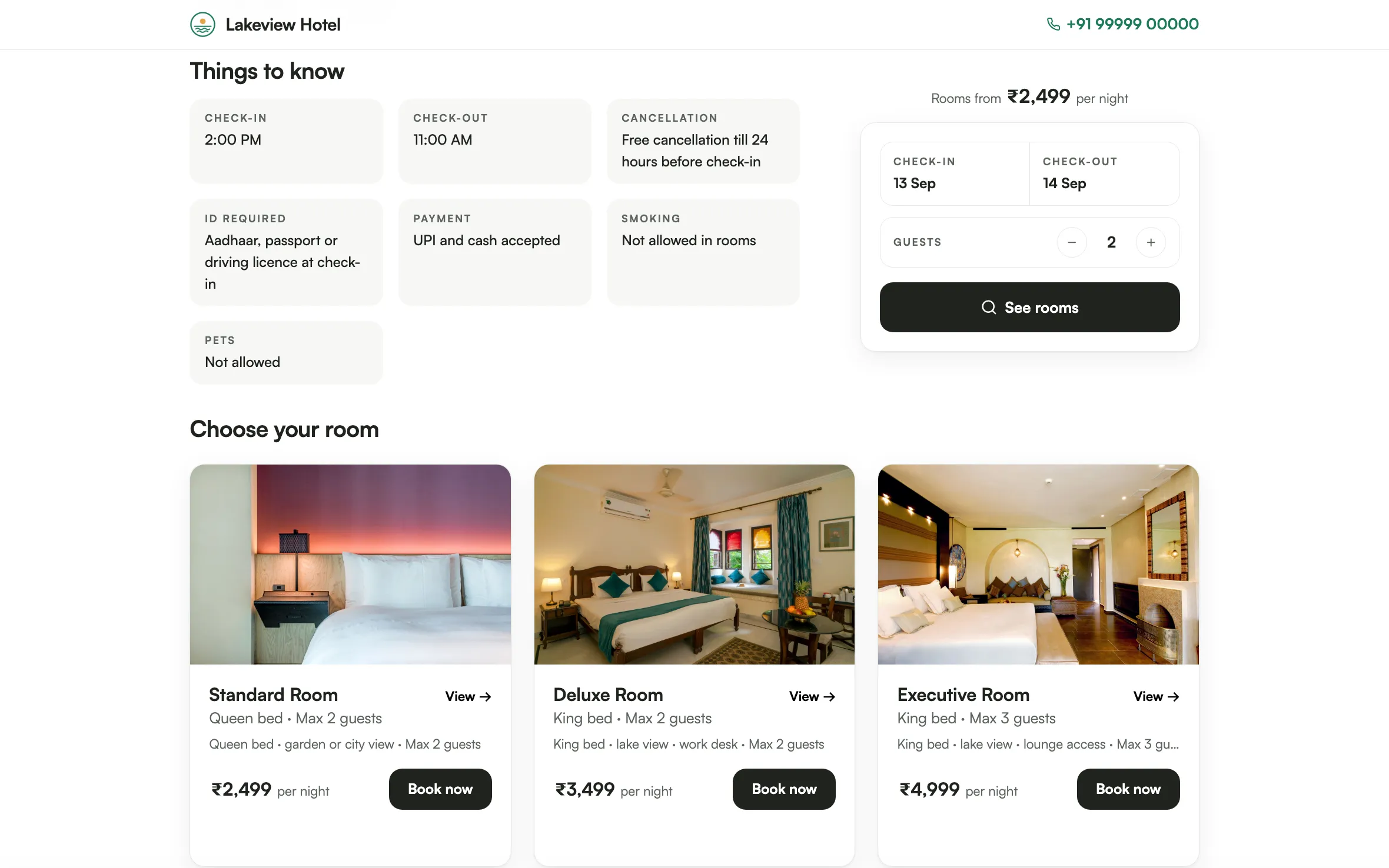 A hotel’s guest page: things to know, the booking card, and three rooms with their prices and a Book now button each.
